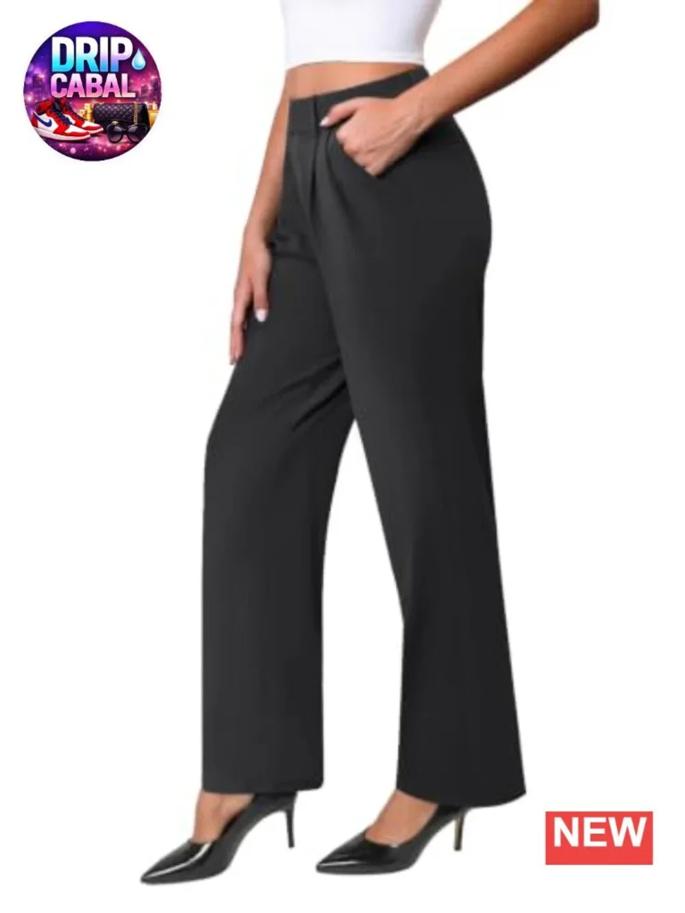 Wide Leg Pull-On Dress Pants with Pockets High Waisted Stretchy Work Trousers
